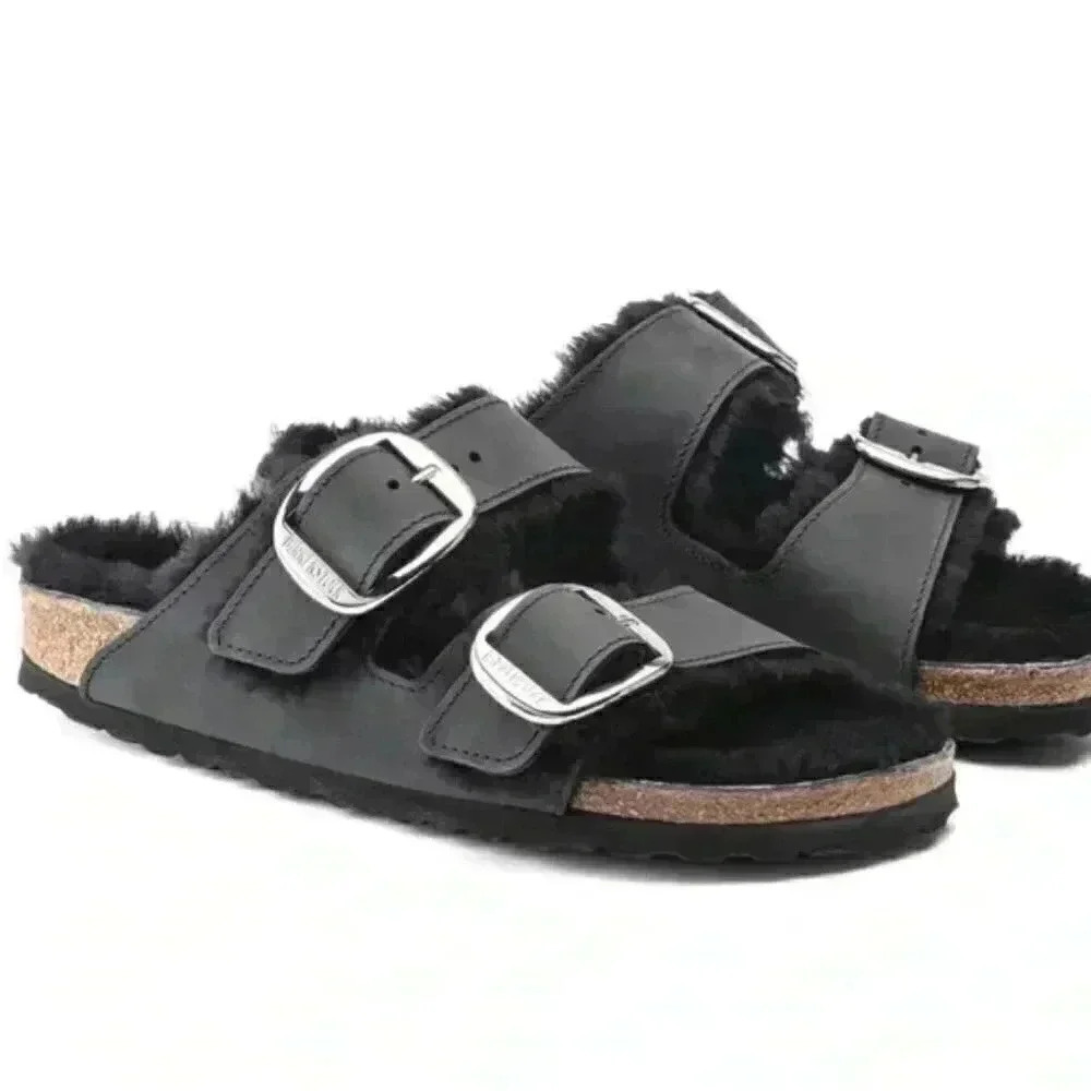 Birkenstock × Arizona Big Buckle Shearling Oiled Leather Sandals
